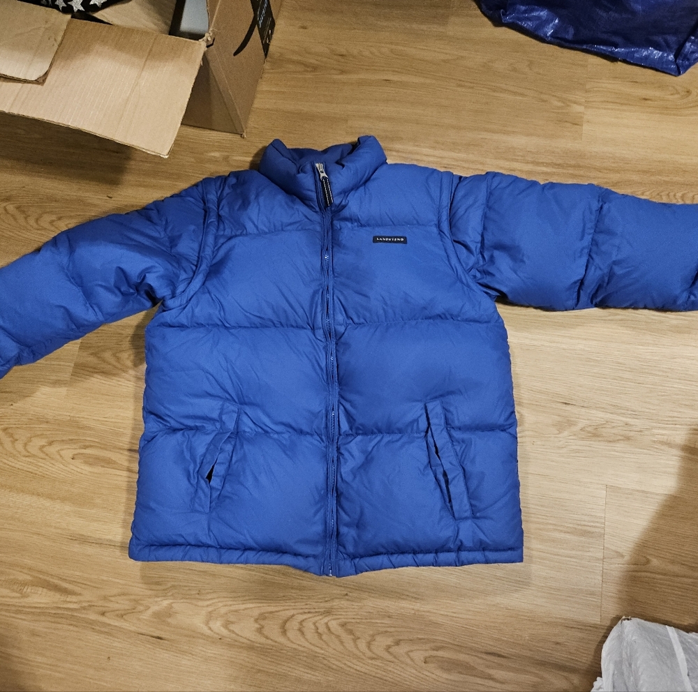 LANDS END 70% DOWN Kids Blue Puffer Winter Coat VEST CONVERTIBLE 14-16 L XL